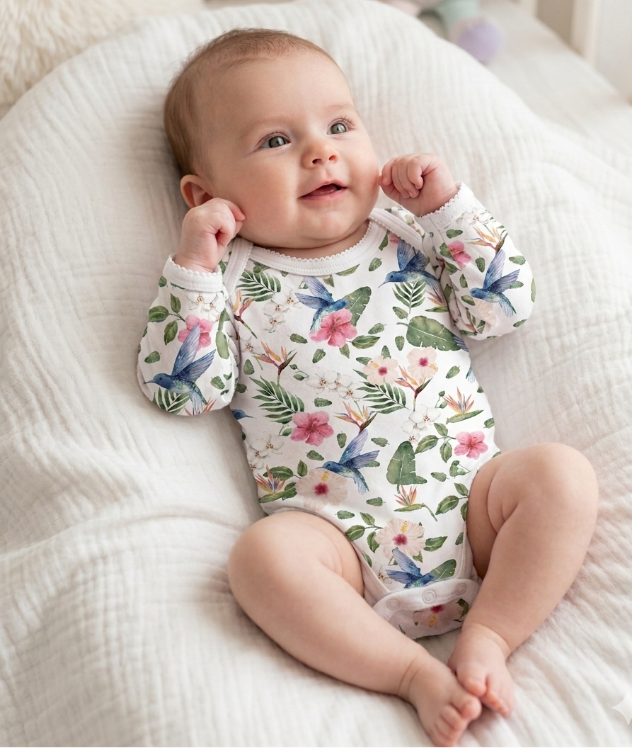 Bebé de cuatro meses usando body de algodon peruano con estampado de flores y pajaros de cololmbia