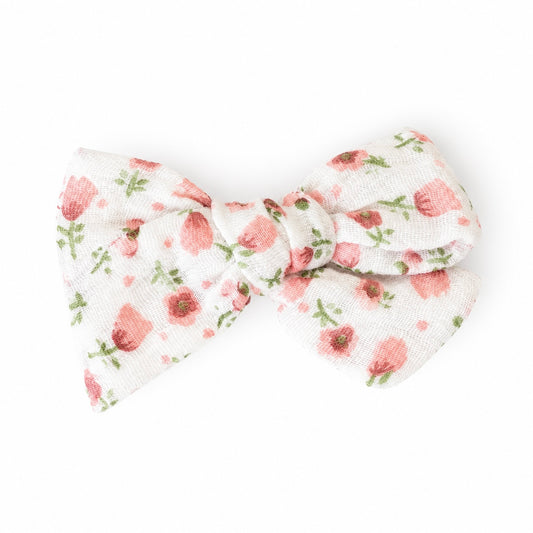Moñito flores rosadas con pinza - algodón