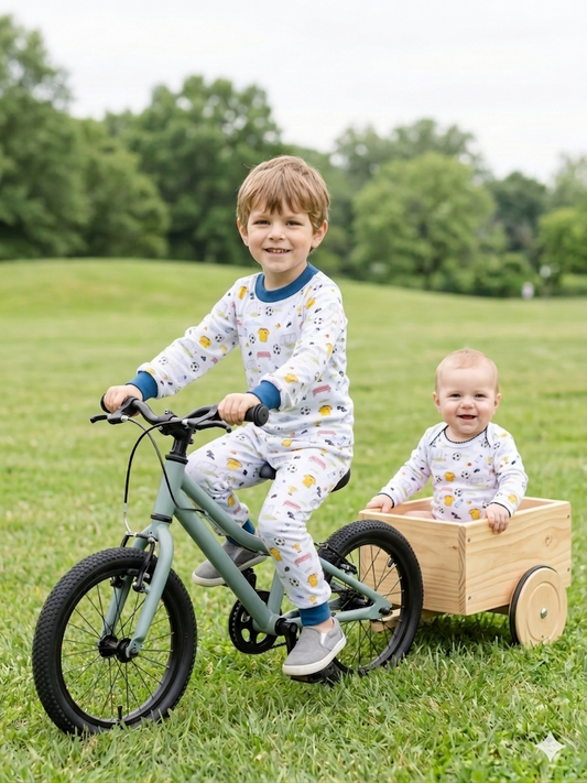 Niño de tres años en bicicleta usando pijama de dos piezas de algodón peruano con estampado de fútbol y camisetas de la selección Colombia junto a su hermano menor.